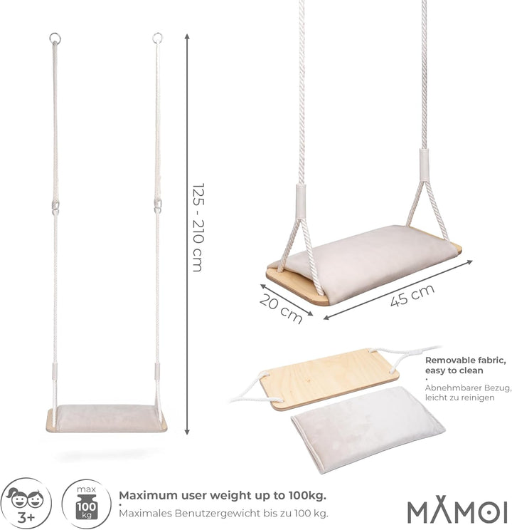 MAMOI® Holzschaukel mit Velvet-Kissen, Holzsitz für den Innen- und Aussenbereich, verstellbare Baumw