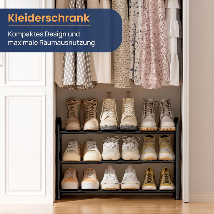 ENJOYBASICS Expandable Schuhregal, 3 Ebenen Adjustable Metall Schuhaufbewahrung 45 to 83cm, Schwarz