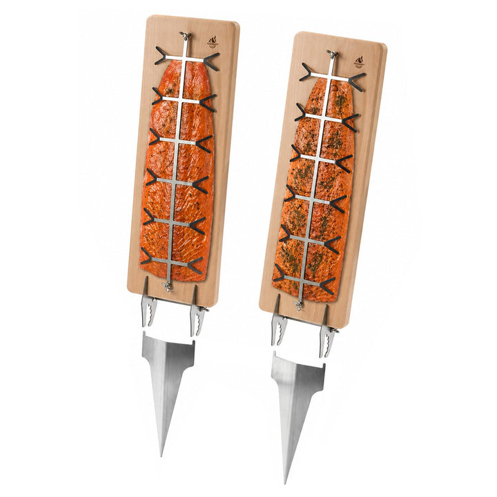 Flammlachsbrett Premium Doppelpack Buchenholz Edelstahlhalterung mit Erdsporn verstellbar für Grill