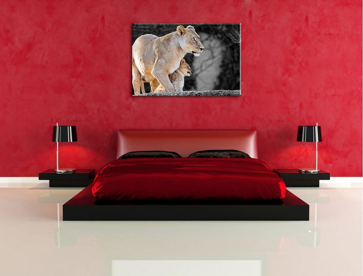 liebevolle Löwenmutter mit Jungtier schwarz/weiss auf Leinwand, XXL riesige Bilder fertig gerahmt mi