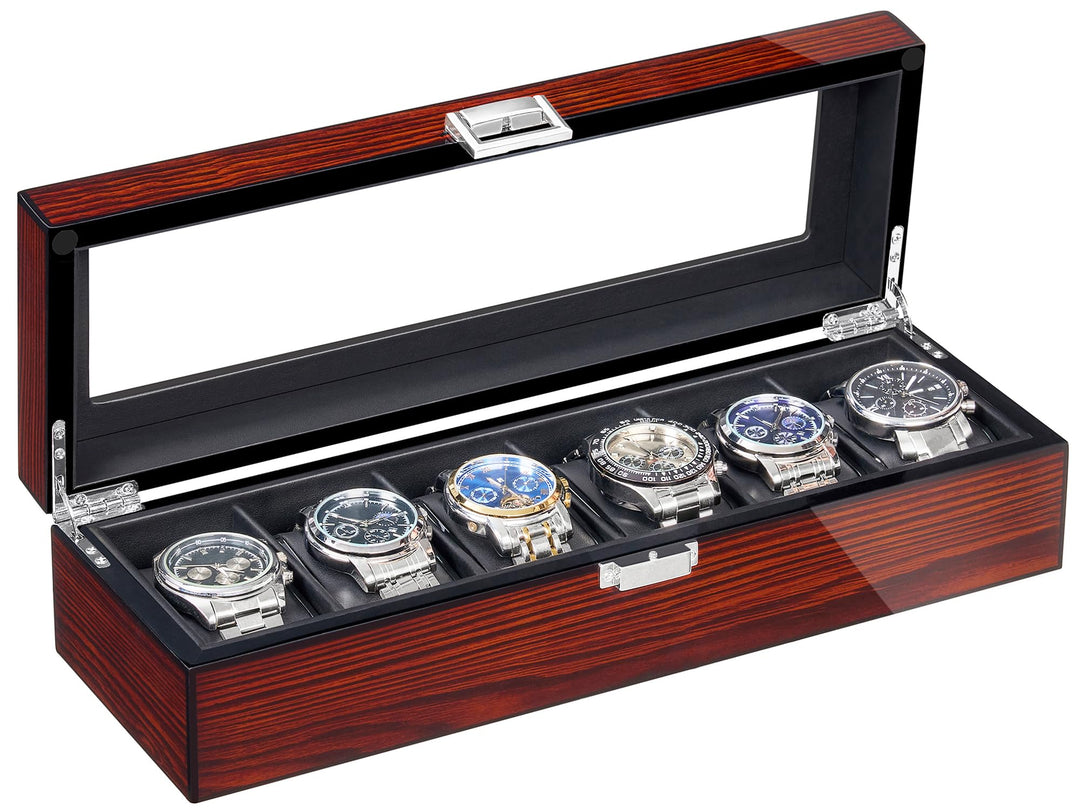 BEWISHOME Uhrenbox aus Holz für Herren – Luxus-Uhrengehäuse, Echtglas-Oberseite, glattes Kunstleder
