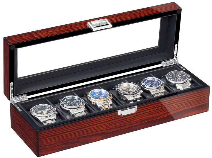 BEWISHOME Uhrenbox aus Holz für Herren – Luxus-Uhrengehäuse, Echtglas-Oberseite, glattes Kunstleder