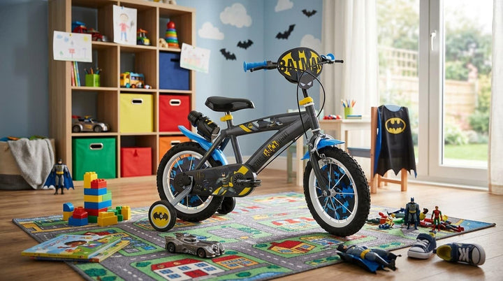 Toimsa Kinderfahrrad Batman 14 Zoll Schwarz/Blau/Gelb | Felgenbremse Trommelbremse Stützräder Speich