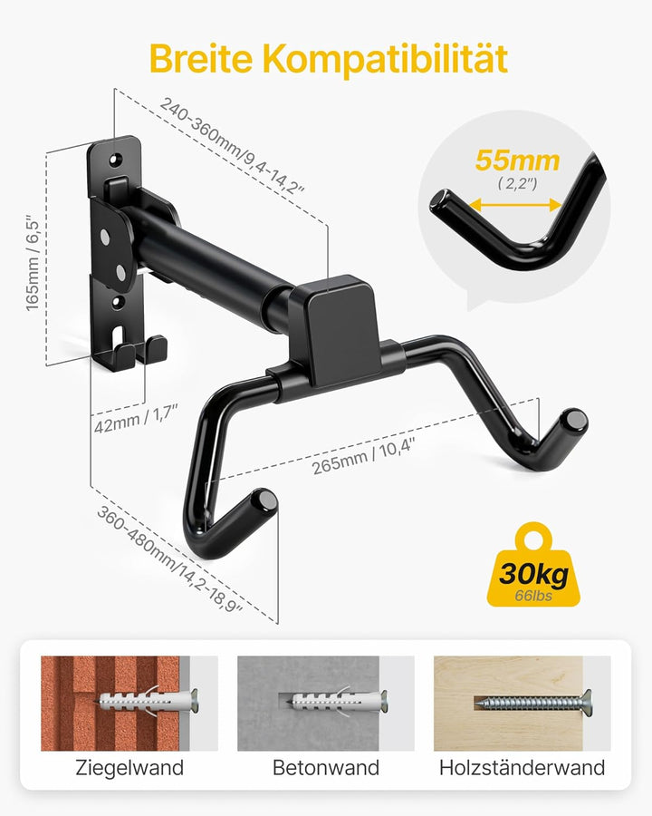 monTEK Fahrrad Wandhalterung, Winkel und Wandabstand einstellbar, Fahrradhalterung Wand Klappbar 30k