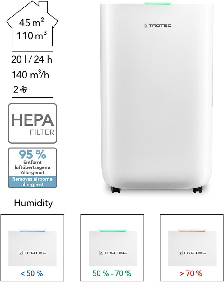 TROTEC TTK 70 HEPA (Plus) Luftentfeuchter Leistung 20 L/Tag | Fläche 45 m²/110 m³ – 2in1 Luftreinige