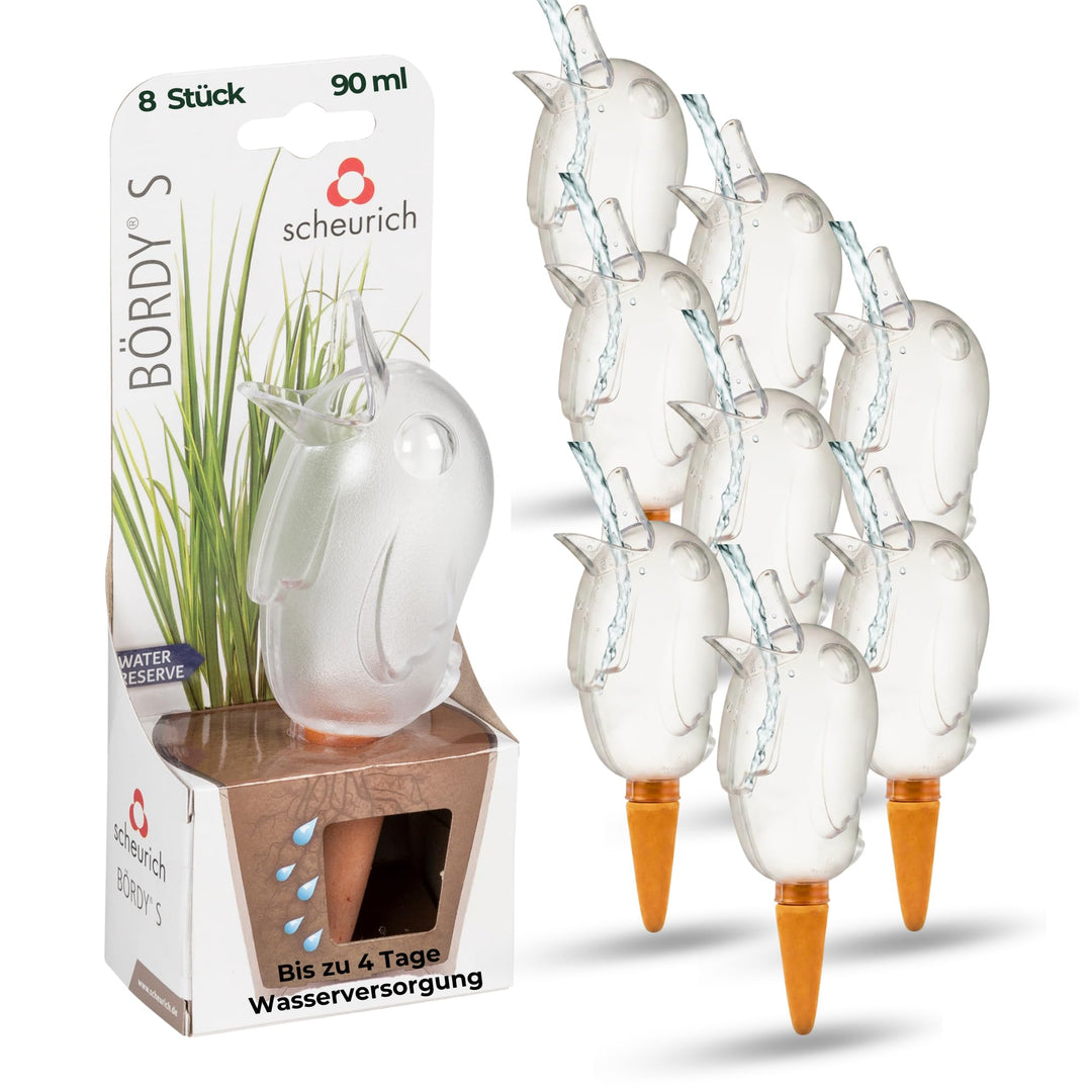Scheurich Wasserspender Bördy S | 8 x Klar | 90ml Füllmenge | Bewässerungskugeln klein mit Ton Fuss