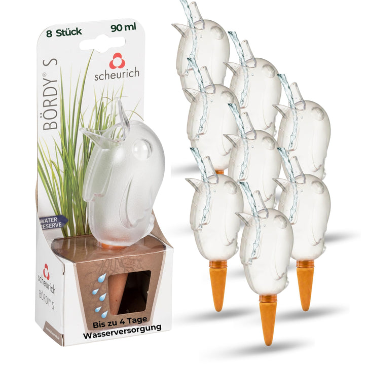 Scheurich Wasserspender Bördy S | 8 x Klar | 90ml Füllmenge | Bewässerungskugeln klein mit Ton Fuss