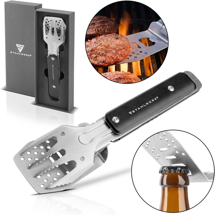 STAHLWERK BBQ Multitool 4 in 1 Grillbesteck mit Grillzange, Grillgabel, Grillwender und Flaschenöffn