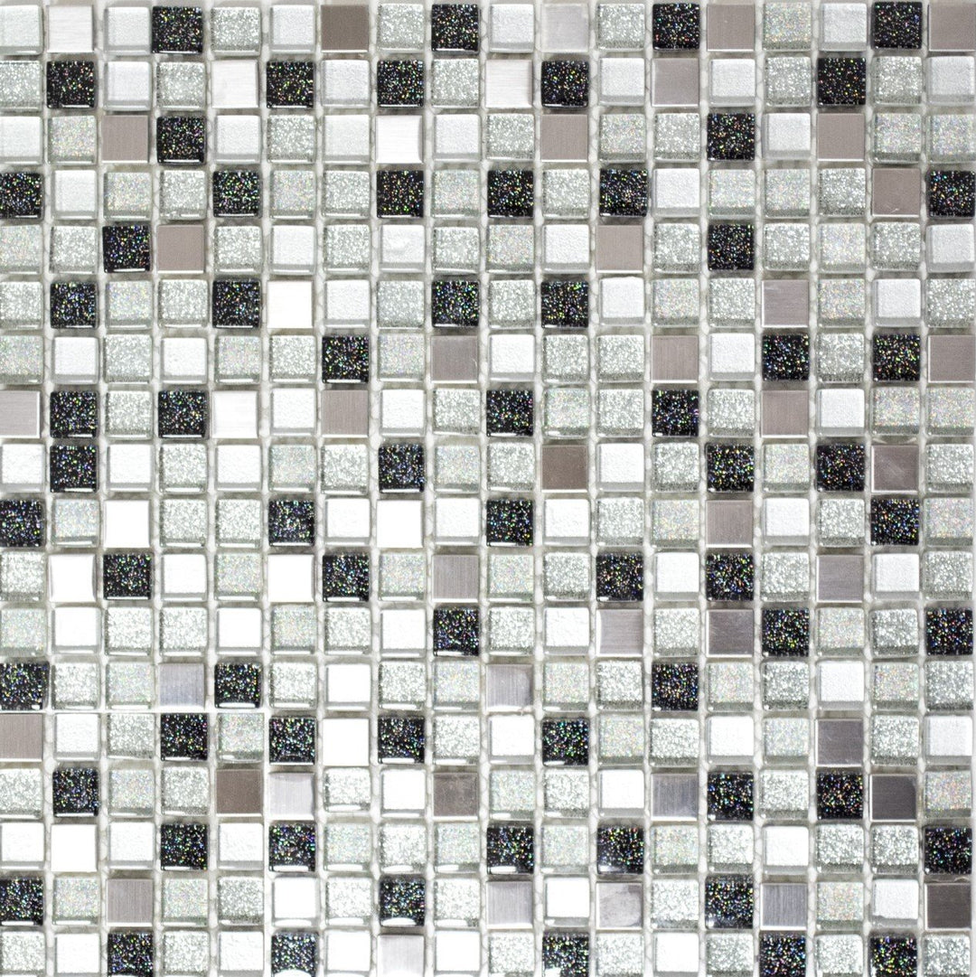 Glasmosaik Quadrat Crystal/Stahl mix silber/schwarz Transluzent Transparent 3D, Mosaikstein Format: