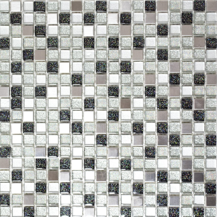 Glasmosaik Quadrat Crystal/Stahl mix silber/schwarz Transluzent Transparent 3D, Mosaikstein Format: