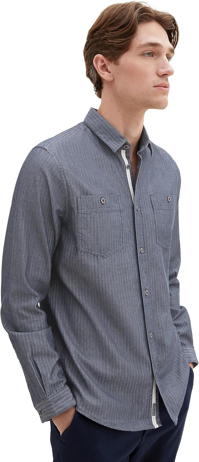 TOM TAILOR Herren Regular Fit Hemd mit aufgesetzten Brusttaschen M 32322-navy Herringbone Structure,