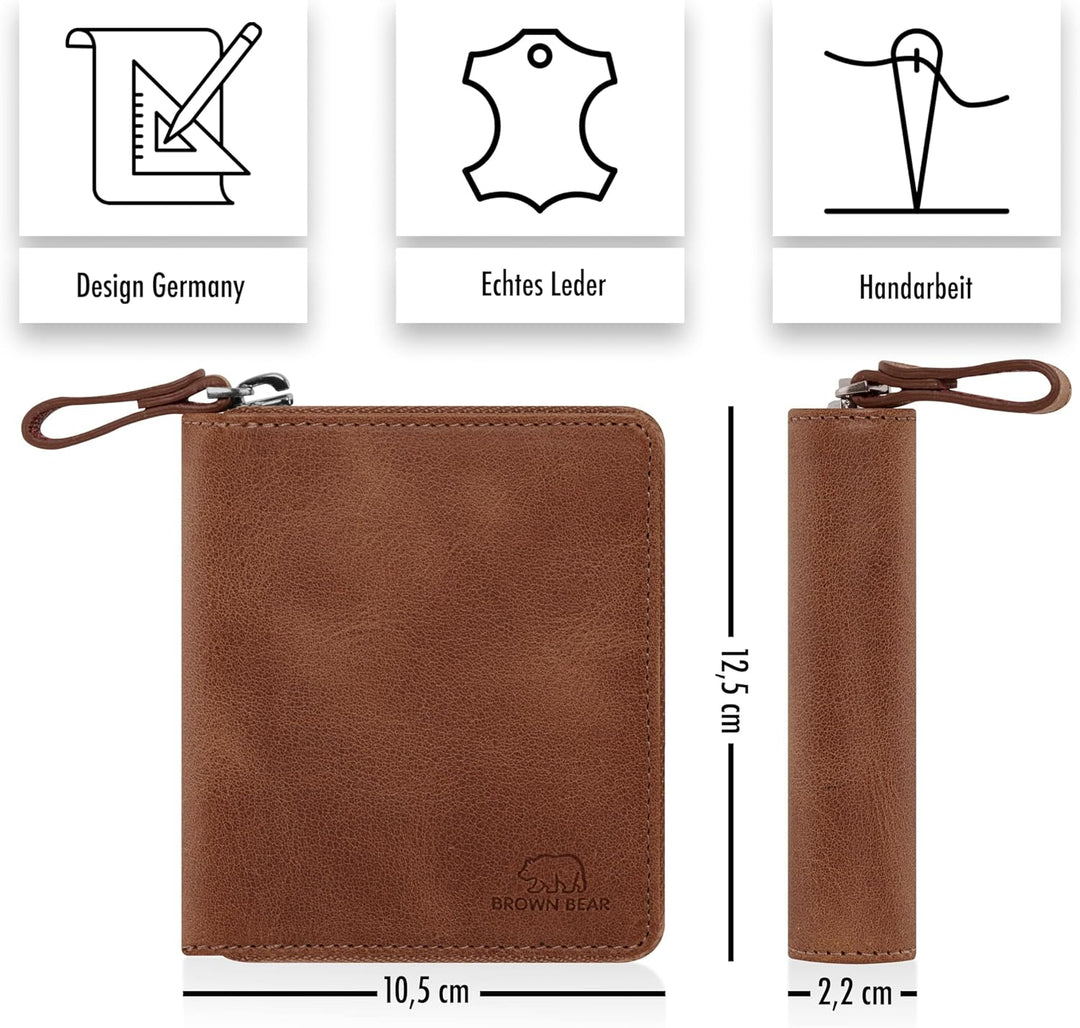 BROWN BEAR Geldbörse Reissverschluss Leder Vintage Braun für Damen & Herren | RFID-Schutz Portemonna