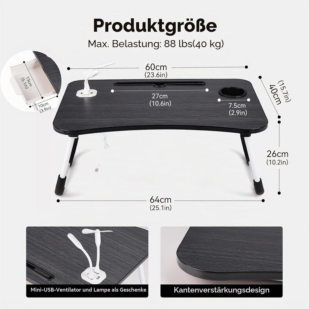 Warmiehomy Laptoptisch fürs Bett, Tragbarer Tablettisch mit klappbaren Beinen & Getränkehalter, Falt