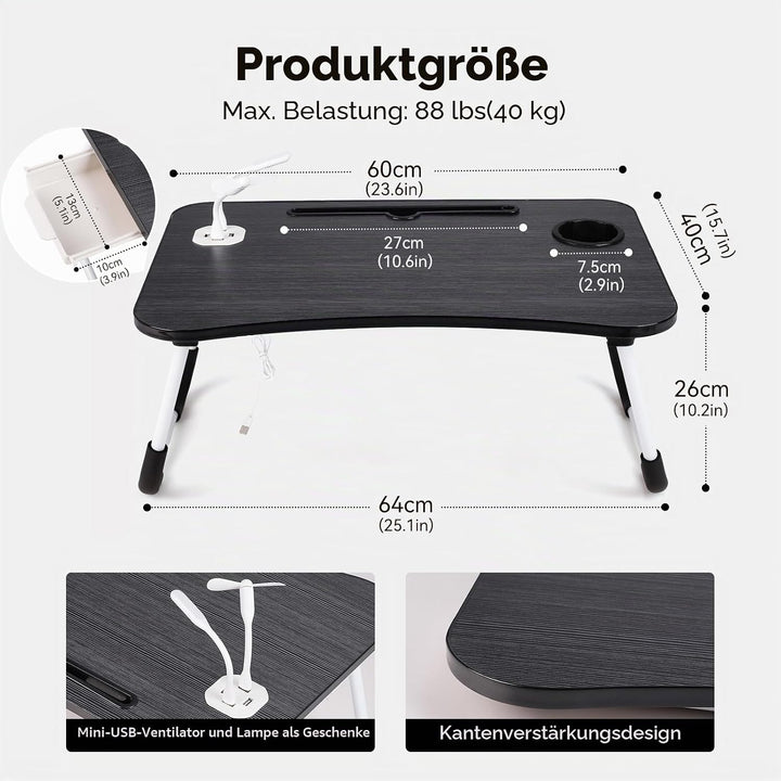 Warmiehomy Laptoptisch fürs Bett, Tragbarer Tablettisch mit klappbaren Beinen & Getränkehalter, Falt