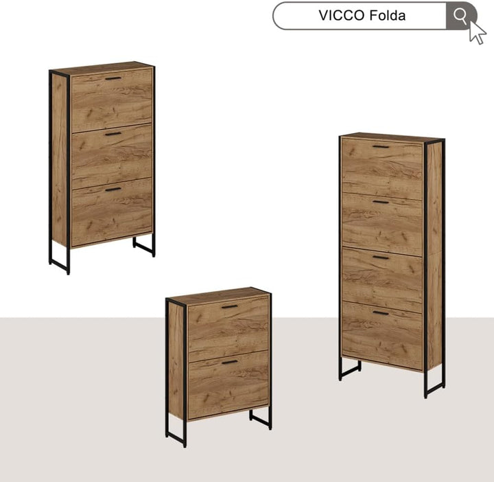 Vicco Schuhkipper Folda, Goldkraft Eiche/Schwarz, 63 x 119 cm mit 3 Kippfächern 3 Fächer, 3 Fächer