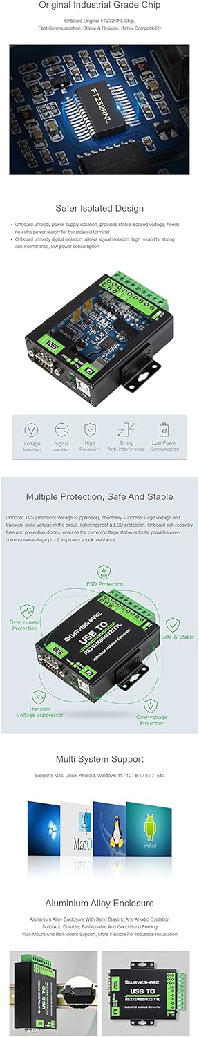 Industrial Grade USB to RS232/485/422/TTL Converter Onboard FT232RNL Support Mac Linux Android Windo