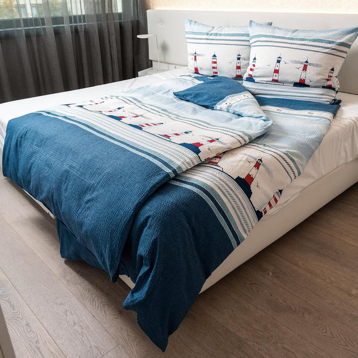 Traumschlaf Seersucker Bettwäsche Bügelfrei Set maritim sommerlich frisch im Leuchtturm Design mit R