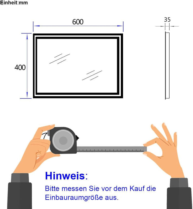 EMKE Badspiegel mit Beleuchtung 40x60cm LED Badspiegel Antibeschlag Kaltweiss Warmweiss Lichtspiegel