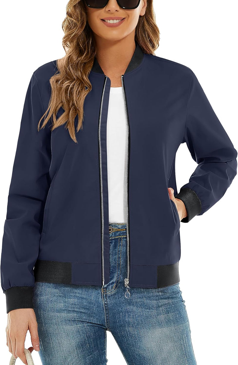 TACVASEN Damen Leicht Bomberjacke Casual College Jacket Sommer Fliegerjacke Sweatjacke XL Marineblau