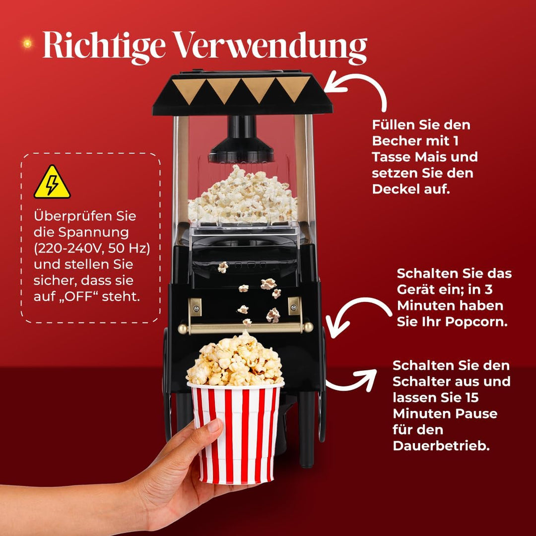 NK Popcornmaschine Retro 1.200W Heissluft – Popcorn Maker Ohne Öl, 0.3L Klein und Kompakt, Schnelle