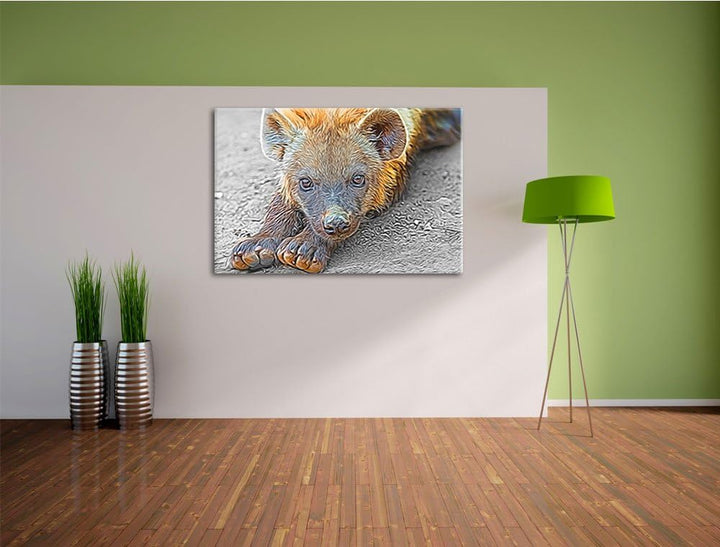 niedliche kleine Hyäne schwarz/weiss Deluxe Format: 100x70 cm auf Leinwand, XXL riesige Bilder ferti