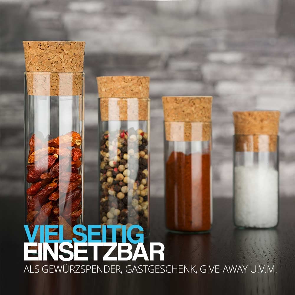 Tuuters 25x Gewürzgläser mit Korken (dunkelbraun) im Set, aus Glas, kleine Gewürzbehälter (130 x Ø30