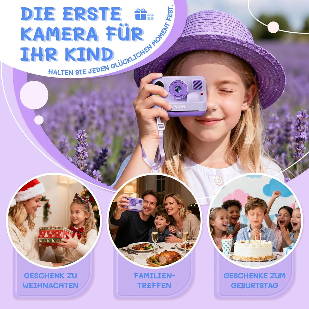 Kinderkamera Sofortbildkamera, 1080P Sofortbildkamera Kinder mit 32GB Karte & 3 Rollen Druckpapier,