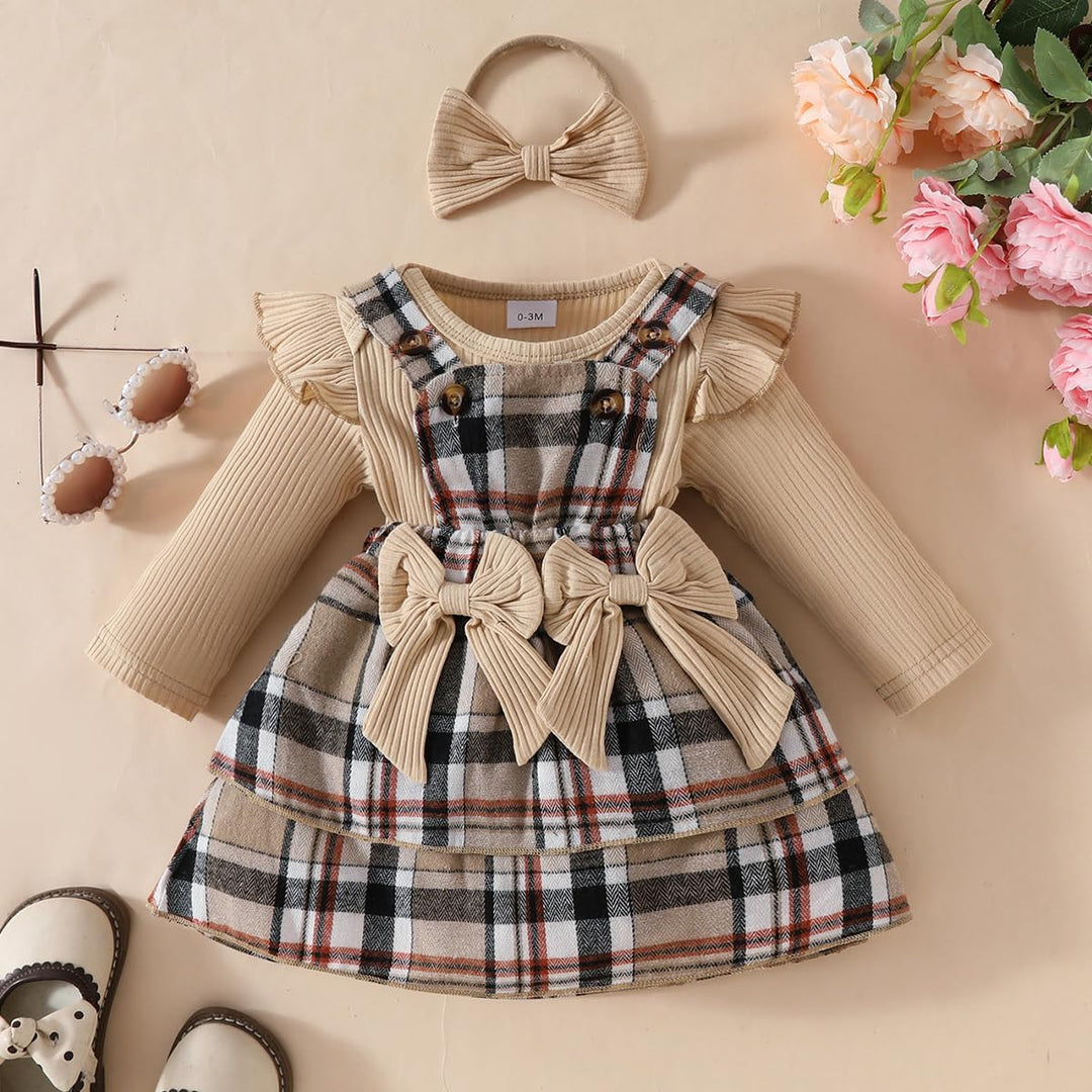 Neugeborenes Baby Mädchen Röcke Sets Rüschen Top + Plaid/Dots/Bowknot Overalls Hosenträger Kleid + S