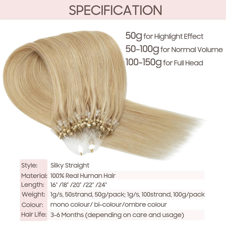 Haarteile Echthaar Microring Extensions Echthaar 0,5g Weich Natürlich Haarverlängerung 7A Remy Haare