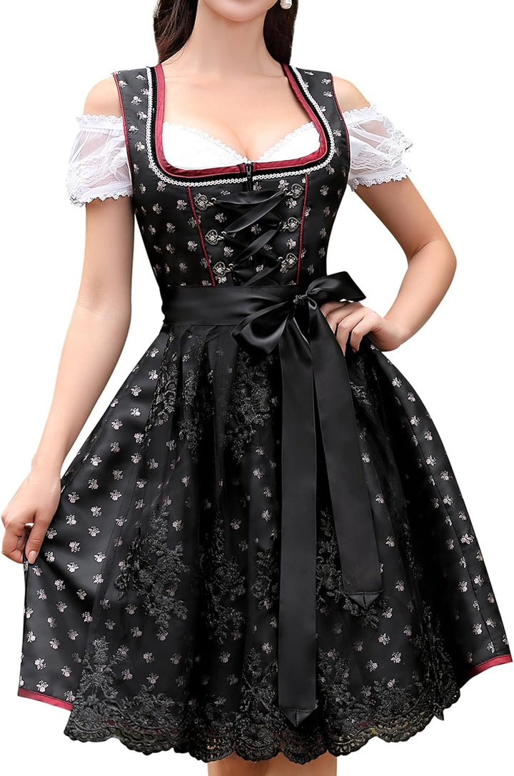 Clearlove Dirndl Damen Midi Trachtenkleid 3 Teilig inkl. Dirndl Kleid Dirndlschürze Dirndlbluse für