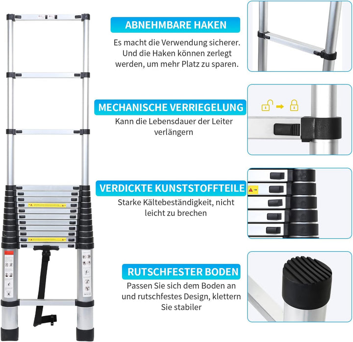 Joparri Aluminium Teleskopleiter mit Abnehmbarem Haken, 3.8M Ausziehbare Leiter, Rutschfester Alulei