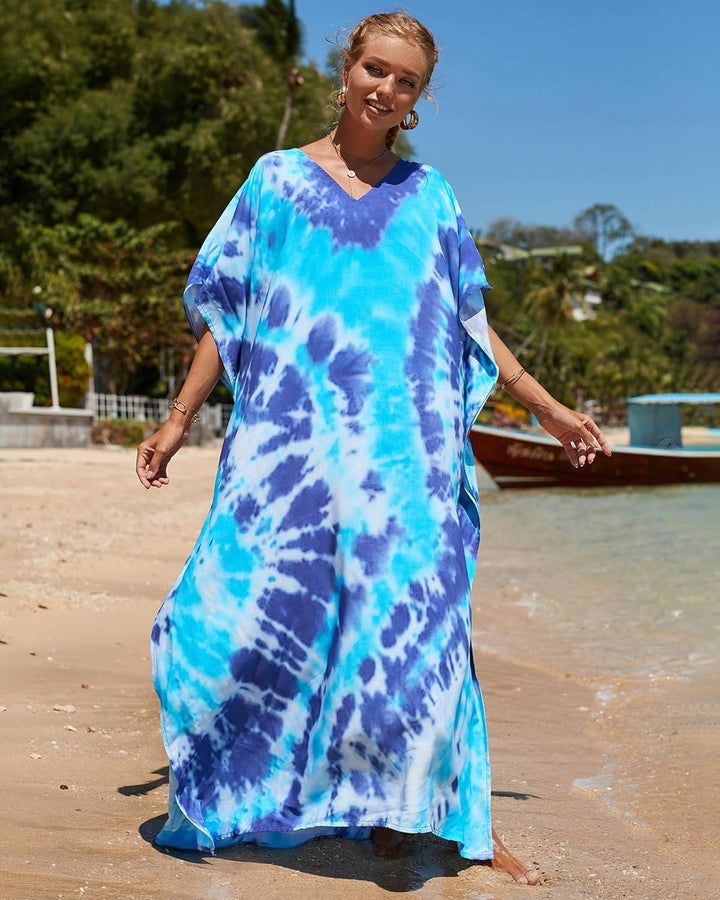 Bsubseach Lose Kaftan Kleider für Frauen Kurzarm Badeanzug Cover Up Casual Urlaub Outfits Blau Tie D