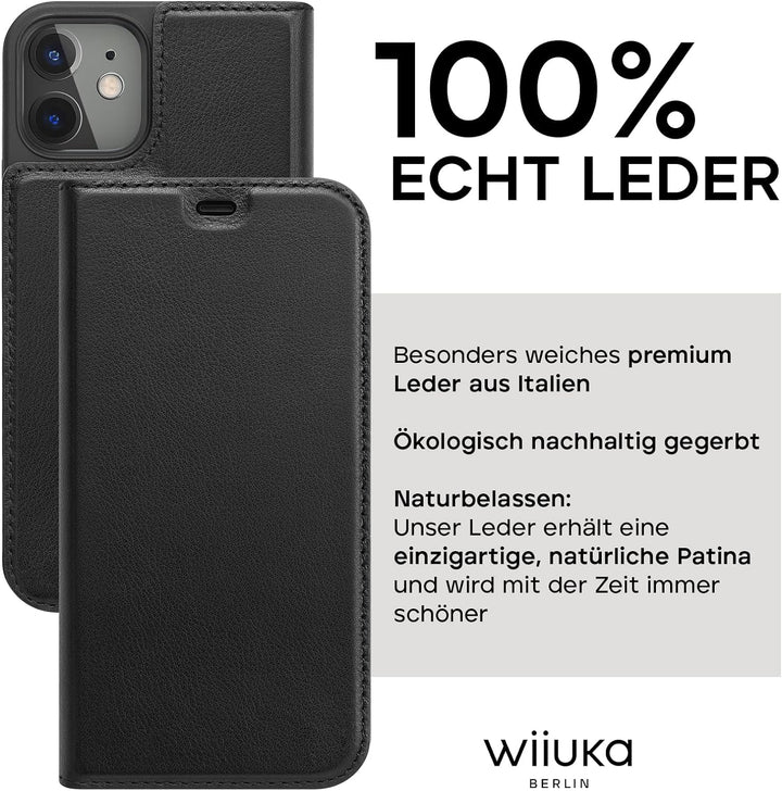 WIIUKA Hülle für iPhone 12 Mini, Lederhülle mit Kartenfach, extra Dünn, Premium Leder, Handyhülle mi