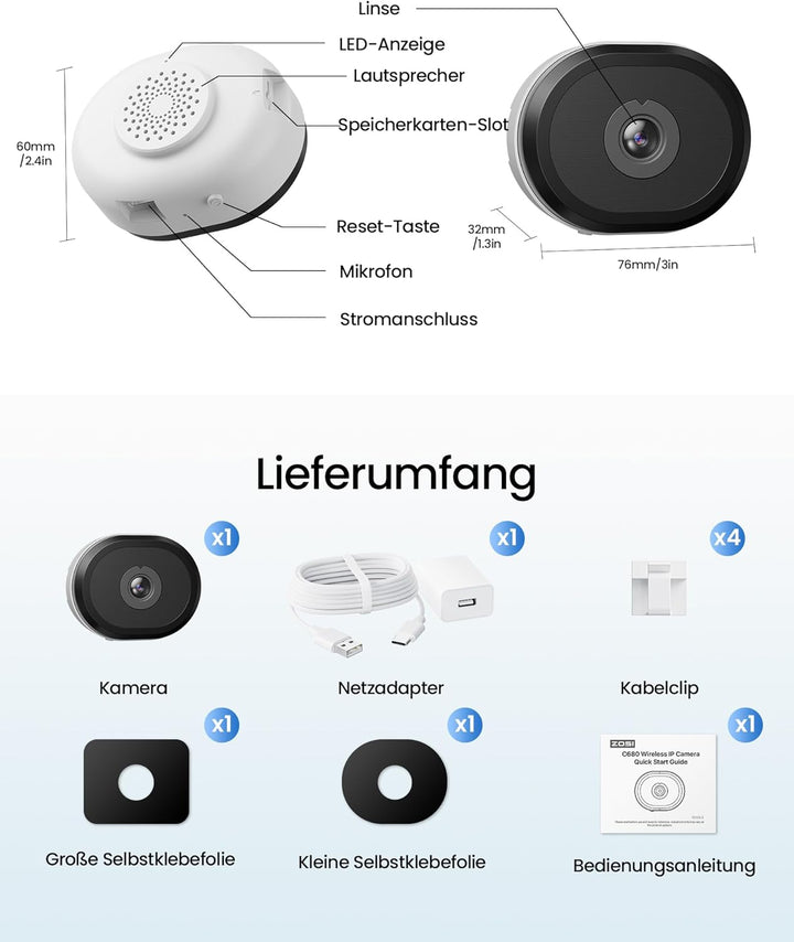 ZOSI 2er C680 2K Fenster Überwachungskamera mit Vollfarb-Nachtsicht, 3MP 2,4/5GHz WLAN Innen Kamera,