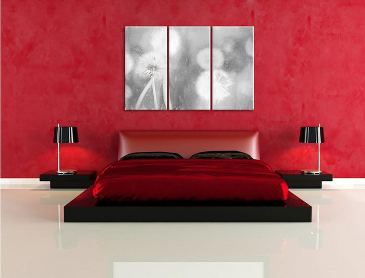 Pixxprint Romantische Pusteblumen Kohle Zeichnung Effekt 3-Teiler Leinwandbild 120x80 Bild auf Leinw