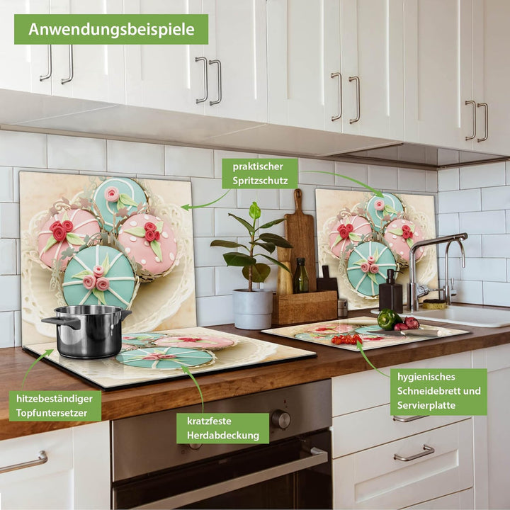 banjado® Herdabdeckplatte Glas 1-teilig 60x52 cm/Schneidebrett Herdabdeckung mit Motiv Cupcakes/Herd