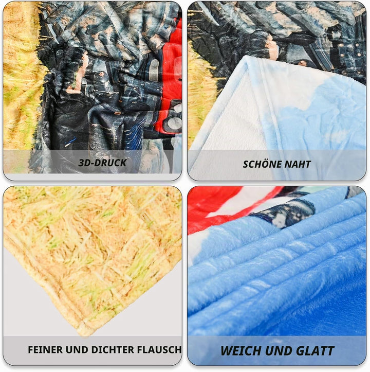 Rote Kuscheldecke Traktor 130×150 cm, weiche Plüschdecke im ländlichen pastoralen blauen Himmelsstil