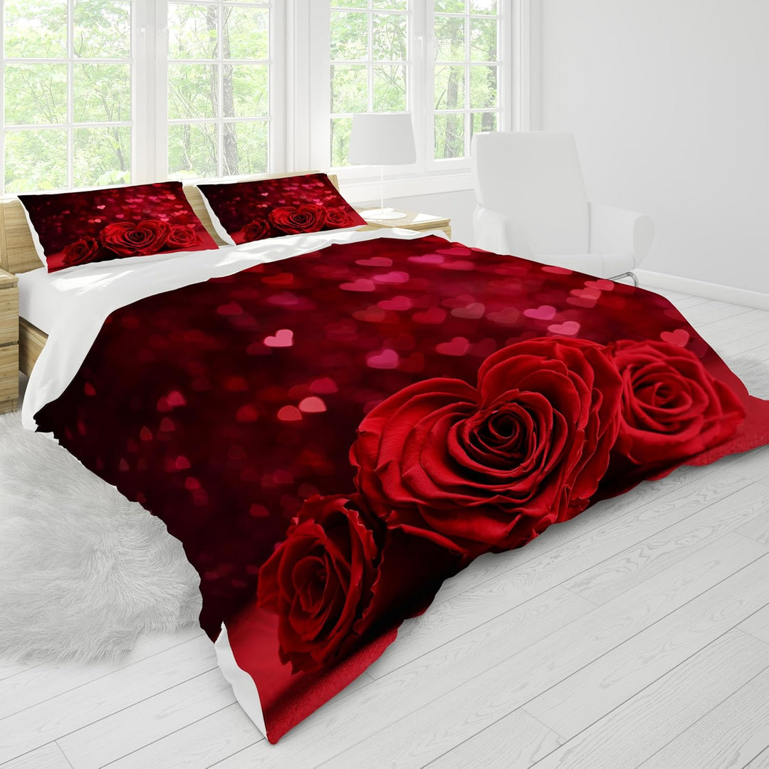 Bettwäsche 3D Rot Rose Bettbezug Set mit Reissverschluss und 2 Kissenbezug, Mikrofaser Kreative Rose