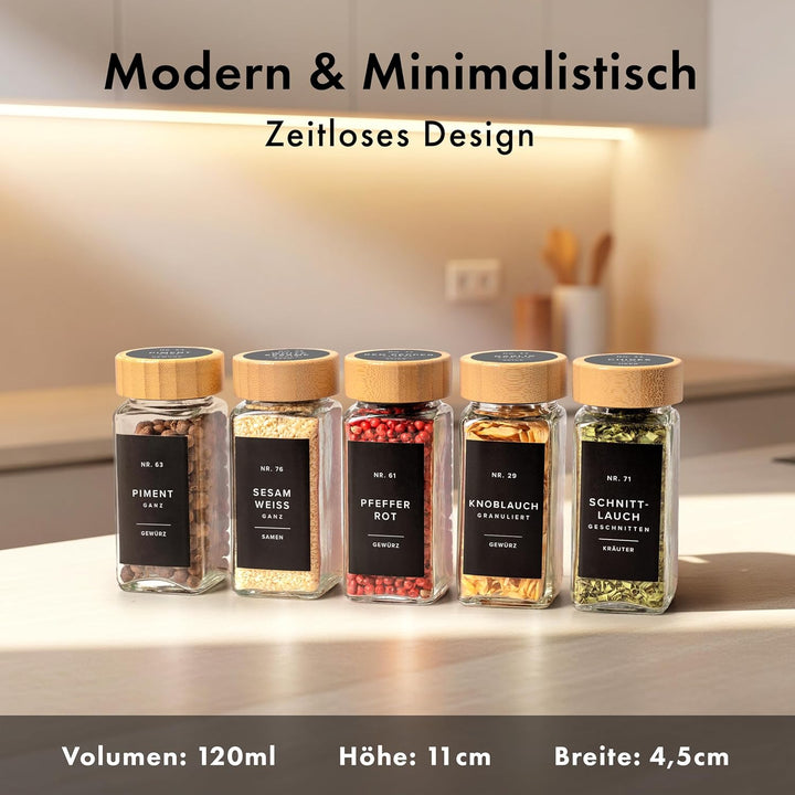 EDELHAUS® Gewürzgläser Eckig mit Bambus Holzdeckel (24 Stück) Gewürzdosen mit Streueinsatz und 240 E