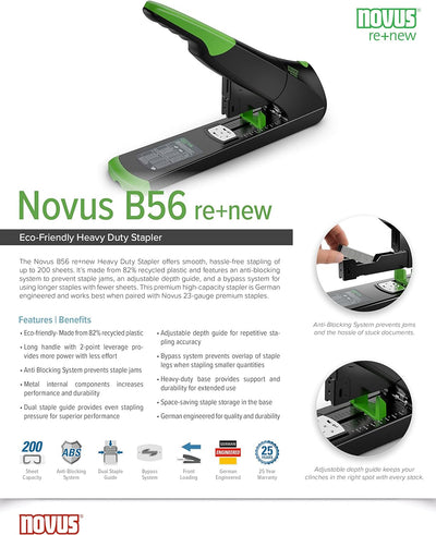 Novus B 56 re+new nachhaltiges Blockheftgerät (Heftleistung 200 Blatt, variabler Einlegetiefe bis 75