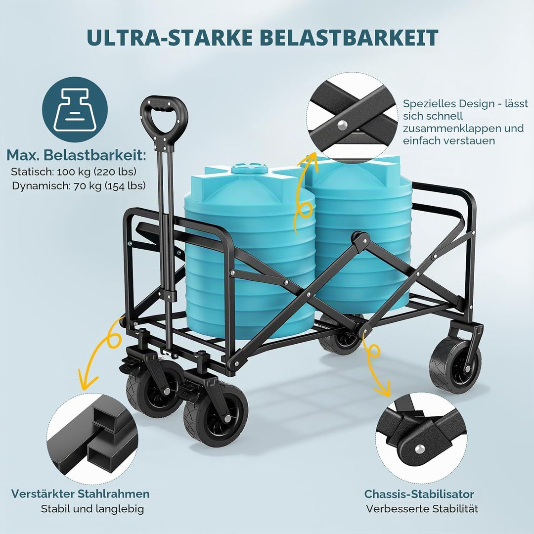 Bollerwagen Faltbar 100L/100KG Tragkraft – mit Bremsen, Handwagen mit Klappbarem Griff &amp; Abnehmbaren