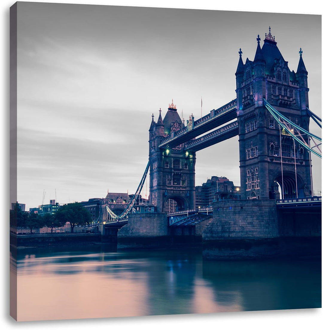 Pixxprint London Bridge über Themse schwarz/weiss, Format: 70x70 auf Leinwand, 70x70
