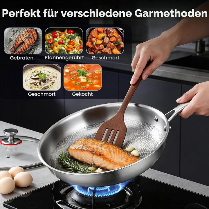 Titan Bratpfanne 26 cm mit Deckel–Unbeschichtete Pfanne aus 99,7% reinem Titan &amp; 316L Edelstahl, ohn