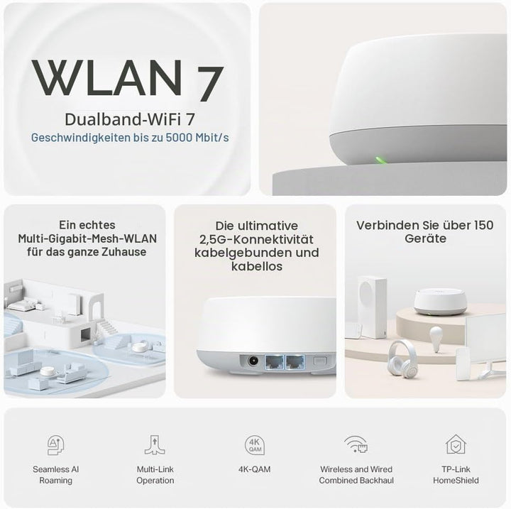 TP-Link Deco BE25 WiFi 7 Mesh WLAN(2 Pack), BE3600 Dual-Band, 2 x 2.5 Gbit/s Port für Jede Einheit,