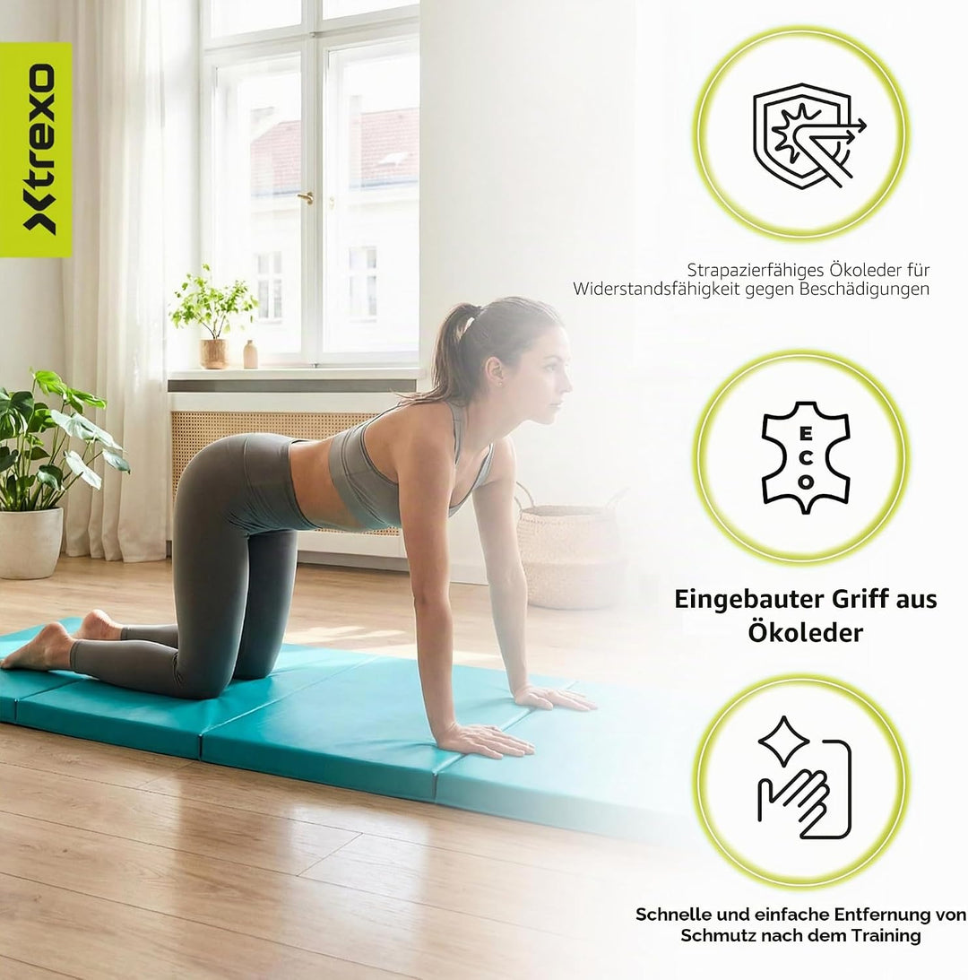 XTREXO Klappbare Gymnastikmatte – Turnmatte 4-teilig – Kunstleder &amp; EPE-Schaumstoff – Faltbar mit Tr