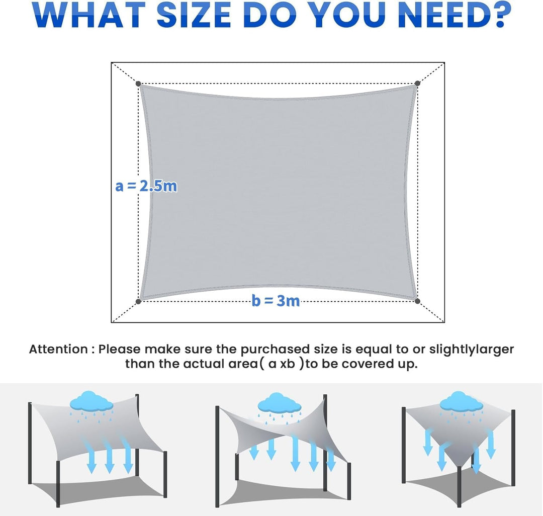 KAHEIGN Sonnensegel Wasserdicht 2,5m x 3m Rechteckig Sonnenschutz Wetterschutz Segel, 98% UV-Schutz
