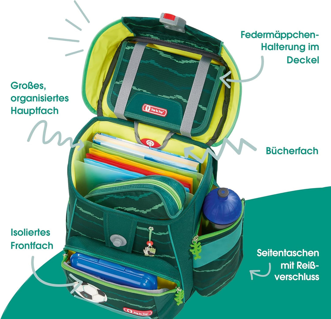 Step by Step Schulranzen-Set SPACE „Soccer Star“ 5-teilig, grün, ergonomischer Tornister mit Reflekt