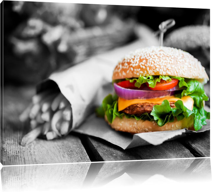 perfekter Burger mit Pommes schwarz/weiss Format: 100x70 auf Leinwand, XXL riesige Bilder fertig ger