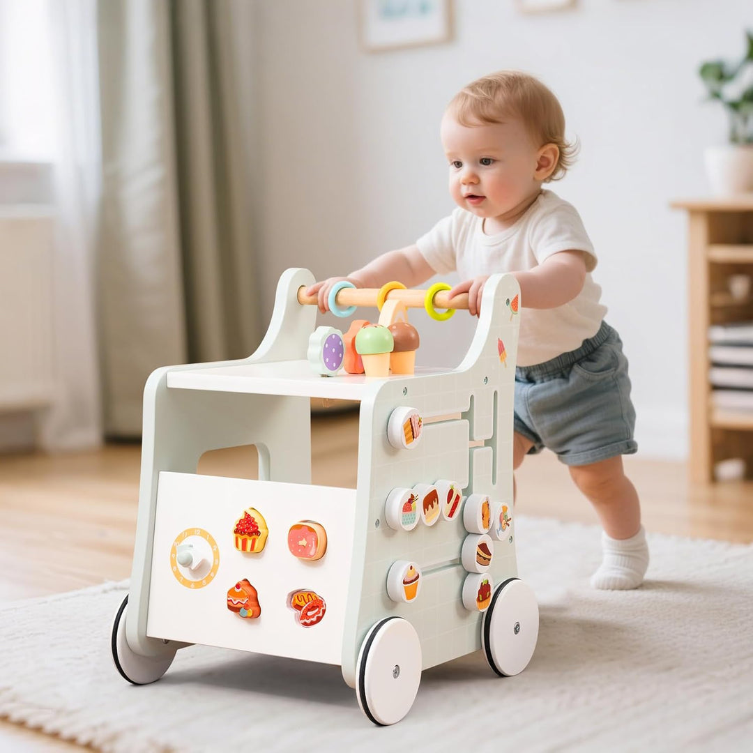 LIFEZEAL Lauflernhilfe Holz, Baby Lauflernwagen mit süssem Zubehör, Montessori Lauflernspielzeug mit