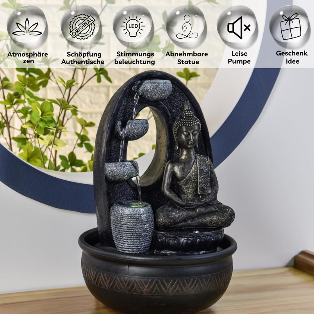 Zen'Light - Zimmerbrunnen Buddha Harmonie - Wasserbrunnen mit geräuschloser Pumpe - LED-Brunnen mit